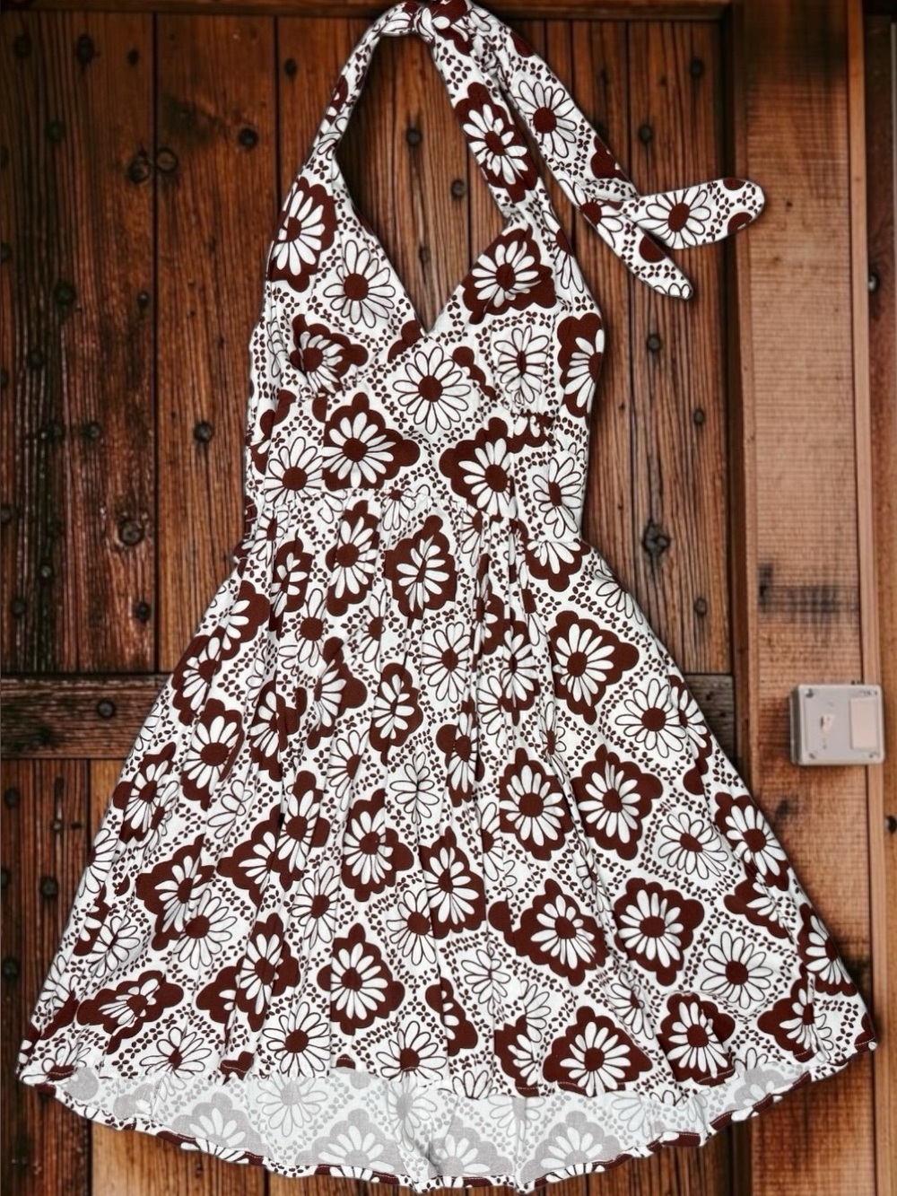 Urban Outfitters Retro Floral Halter Mini Dress - Brown & White - Size XS